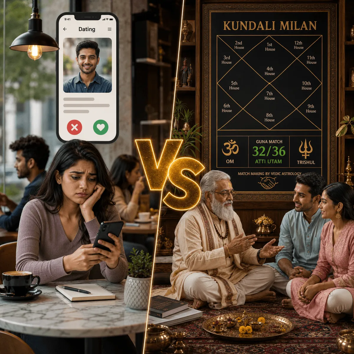 Dating Apps vs Kundali — Gen Z comparing modern dating with traditional Guna Milan