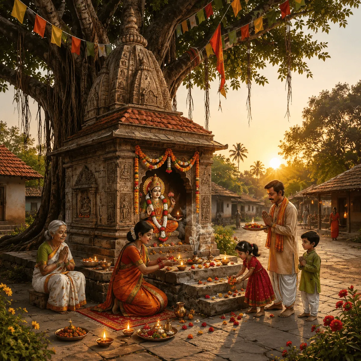 Kul Devta — Family performing puja at ancient village temple