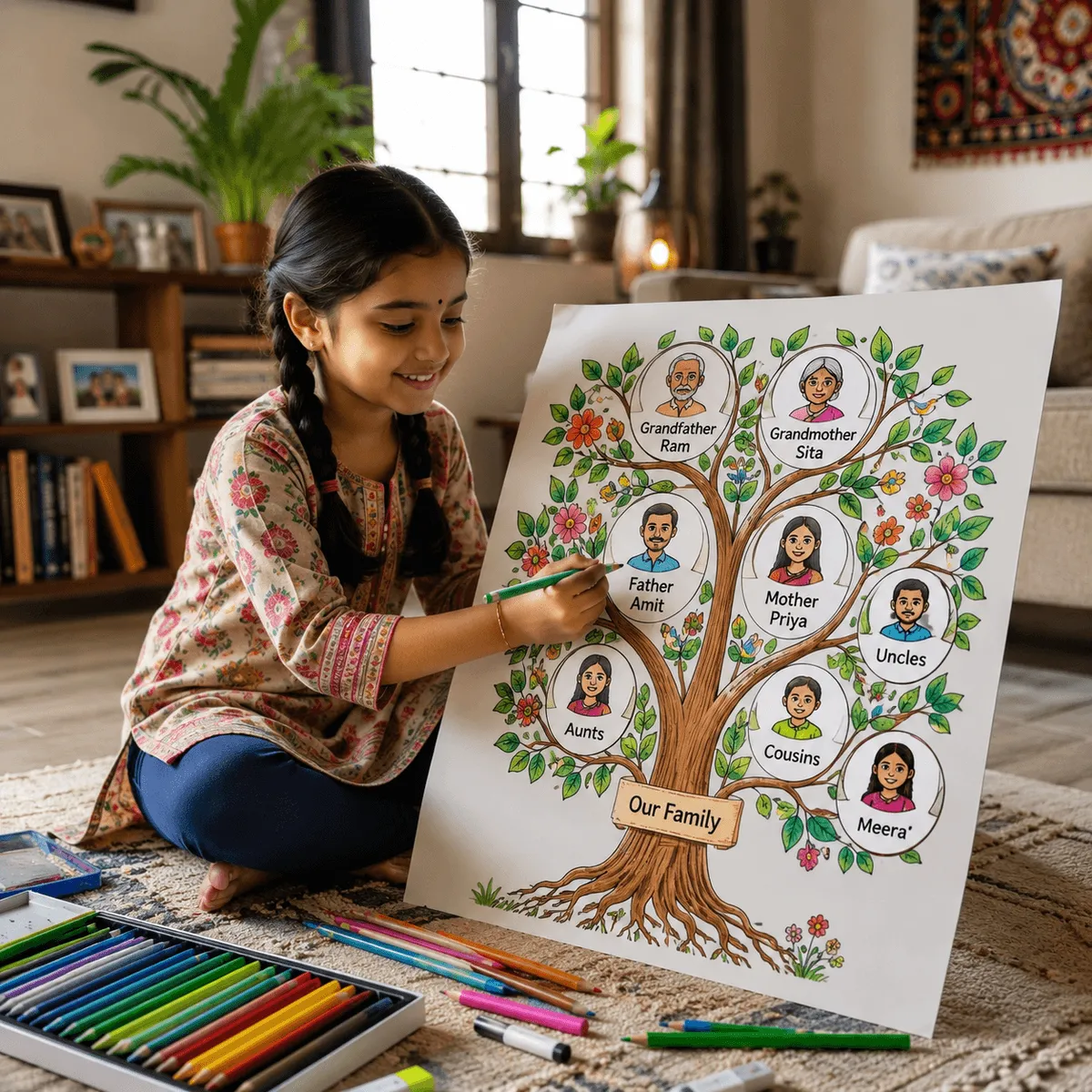 Parivar Ka Ped Kaise Banaye — Child drawing family tree on chart paper