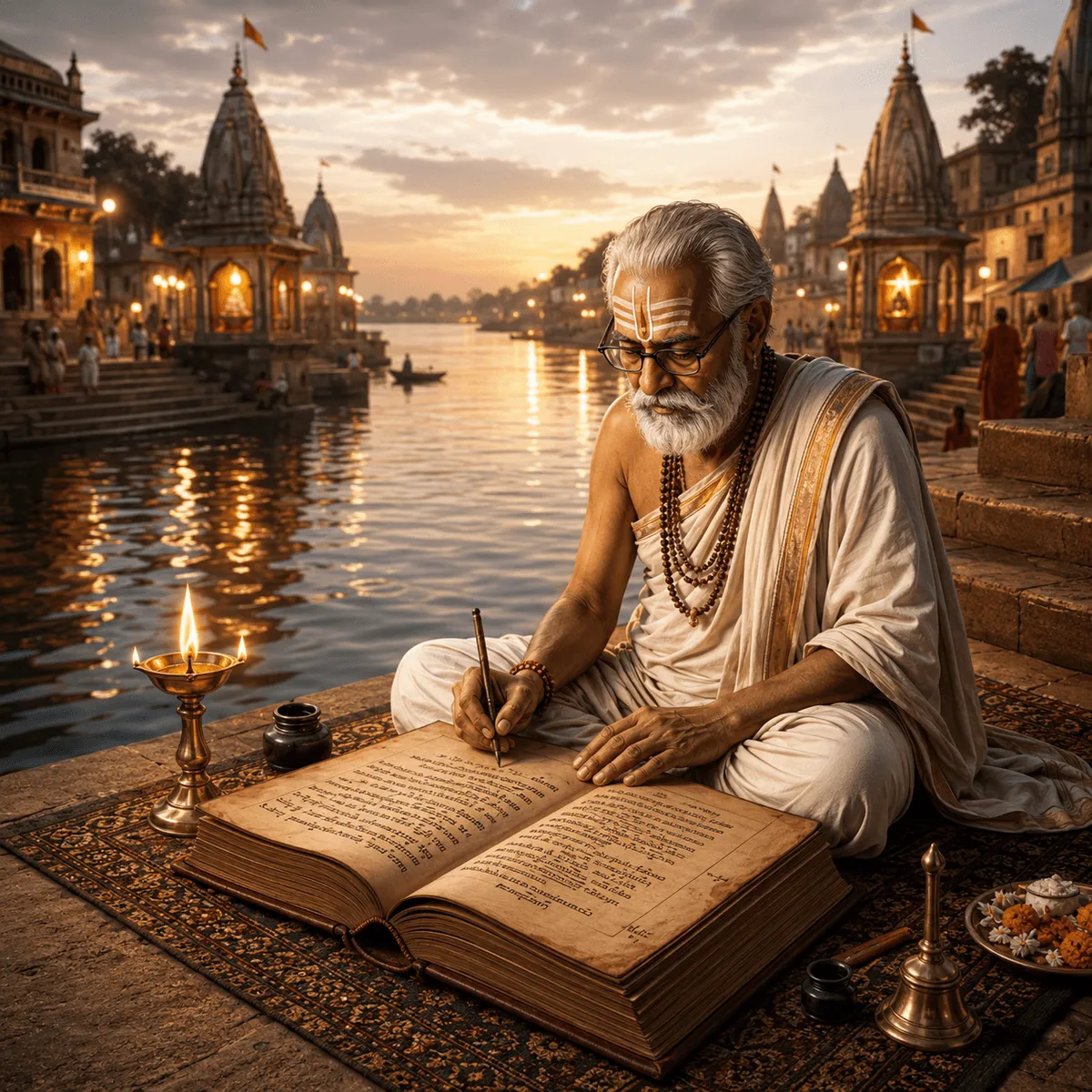 Purohit Vanshavali — Panda writing genealogical bahi register at Haridwar