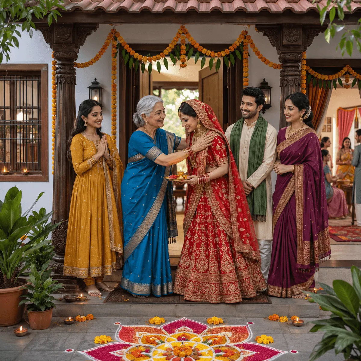 Sasural Ke Rishte — Indian bride meeting in-laws family at home entrance